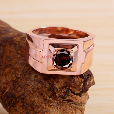 Anillo para hombre de plata de ley 925 enchapado en oro rosa con piedras preciosas de granate natural #5762 Foto 1 de 3