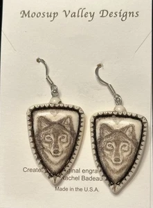 Wolf Earrings, Moosup Valley Design, Rachel Badeau Dangle Earrings, Etched USA - Picture 1 of 4