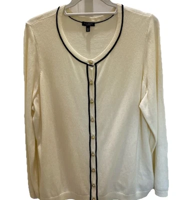 Talbots Charming Tipped Cardigan 2X Petite Ivory & Black Cotton Cashmere Blend - Image 1 of 4