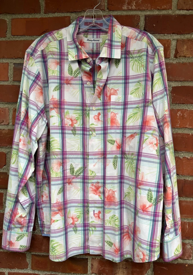Men's TOMMY BAHAMA Pastel  Floral Plaid Cotton Silk Shirt L Large lknu - Image 1 of 4