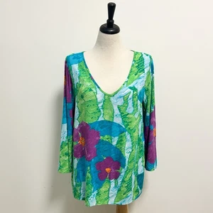 Túnica Jams World Vintage Jate Floral Cuello en V Manga Larga Azul Verde Púrpura Grande - Imagen 1 de 10