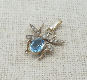 Antiker viktorianischer Insektenanhänger 9 kt Gold blaue Paste & Saatperle 9 kt Gelbgold - Bild 1 von 11