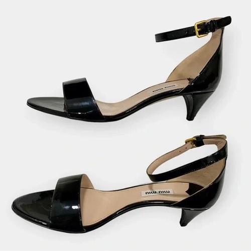 PRADA Décolleté MIU MIU AnkleStrappy D'Orsay nero patinato pelle tacco gattino taglia EU39 US8 5