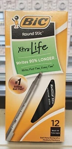 BIC Round Stic Kugelschreiber Pen Point Box 12 Schwarze Tinte Tinta Negra Schreiben Neu - Bild 1 von 2