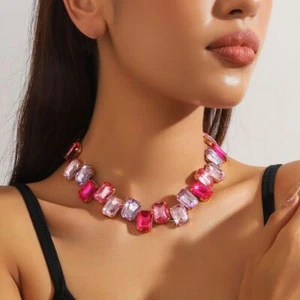Clavicle Chain Square Crystal Necklace Colored Choker Women - Picture 1 of 9