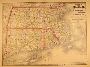 1884 Map ~ MASSACHUSETTS, CONNECTICUT, RI ~ Cram / Grant's Atlas ~ (LG17x23)-#6 - Picture 1 of 2