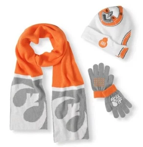 Star Wars BB8 Boy's 3 Piece pc Hat Scarf Gloves Set NWT OSFM Disney White,Orange - Picture 1 of 4