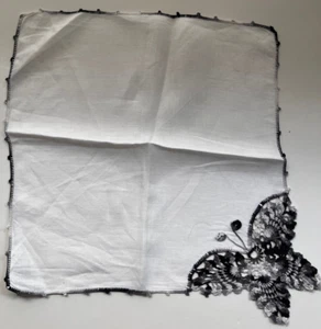 Vintage Linen White Hankie Handkerchief With Black Ombre Butterfly Corner - Picture 1 of 5
