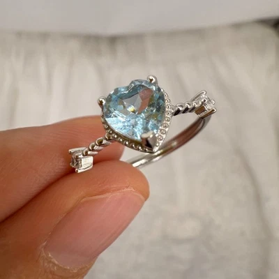 925 Sterling Silver Ring Heart Blue Topaz 6mm Natural Gemstone Zircon Jewelry - Image 1 of 4