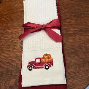 Neu mit Etikett ~ 2 verschiedene bestickte Herbst Küchentücher - 14 x 24 Kürbisse - LKW - Bild 1 von 5