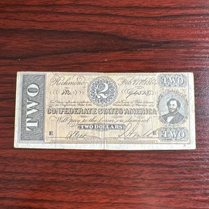 1864 $2 Confederate States of America Antique Banknote Richmond Free Shipping - Picture 1 of 6