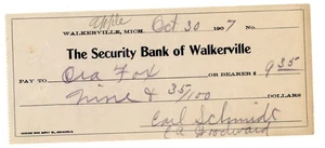 1907 Security Bank of Walkerville Mason Michigan Bank Check Signed Carl Schmidt - Picture 1 of 2