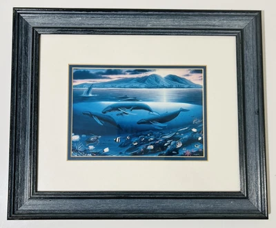 Wyland 1992 Custom Framed Double Matted Maui Dawn Whales artista havaiano 17"x14" - Imagem 1 de 4
