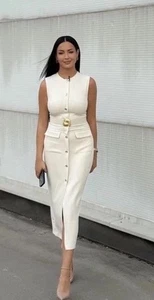 ZARA NEW WOMAN MIDI CREPE BELT DRESS ECRU Large L 3897/152 - Picture 1 of 3