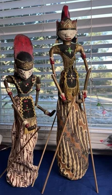 Vintage Pair Wayang Golek Puppets On Green Glass Bottle Bases Handcrafted - Image 1 of 4