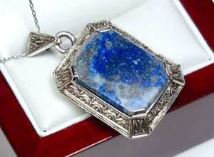 835 Silver - Antique Art Deco Pendant - Lapis Lazuli - Picture 1 of 7