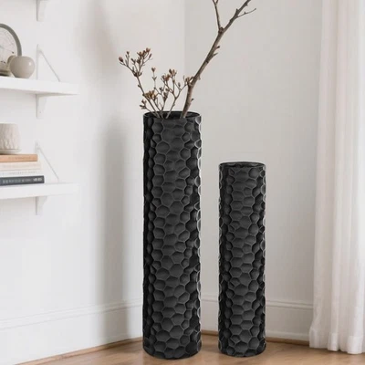 Juego de 2 jarrones negros de piso alto 27,6"/21,7" modernos cilindro de metal de panal Va... Foto 1 de 4