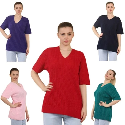Womens Sweater Knitted Short Sleeve Warm Winter V-Neck Pullover Jumper - Image 1 of 4