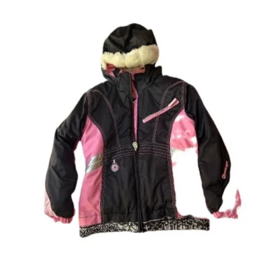 Chaqueta de esquí Obermeyer con capucha para niñas rosa y negra blanca ribete sintético talla 8 Foto 1 de 3