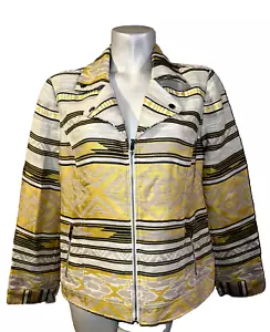 New CHICO'S Size L (2) Yellow Beige Aztec Jacquard Moto Lined LS Zip Jacket NWT - Picture 1 of 6