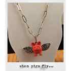 When Pigs Fly Paperclip Chain Necklace Pink Pig With Wings Charm - Fun Gift Idea