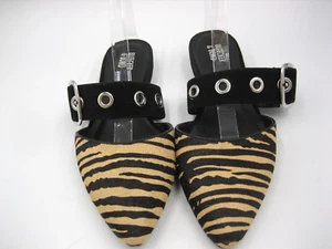 Bleecker & Bond Animal Print Strap Buckle Mules Black 9 Gold Tan Flats Real Fur - Picture 1 of 9