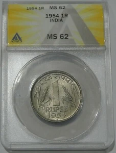 1954 (B) India Republic 1 One Rupee Coin ANACS Certified MS62 - KM#7.2 - Picture 1 of 2