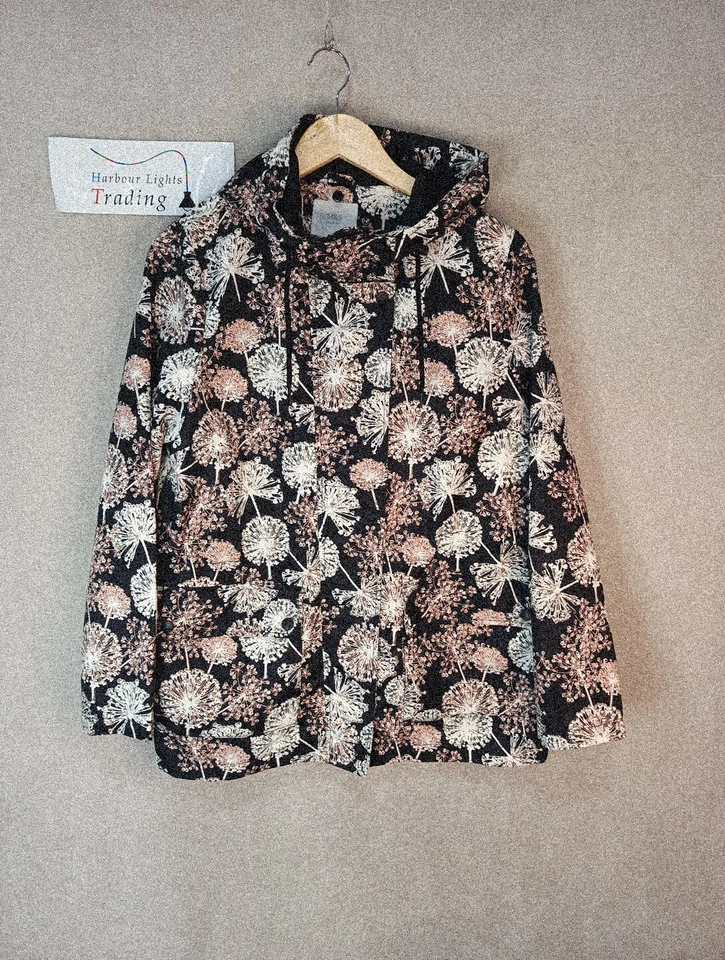 Marks Spencer Rain Coat Jacket 12 Dandelion Flower Hood Black Autumn Lightweight - image 1 of 4
