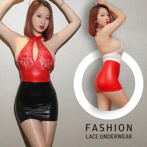 Women Wet Look Pu Leather Bodycon Dress Lace Mini Dress Cocktail Party Clubwear - Picture 1 of 16
