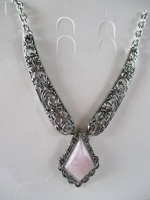 COLLAR FILIGRANA CUARZO ROSA GENUINO 22" TONO PLATA  Foto 1 de 4