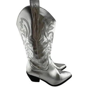 Silver Vegan Leather Embroidered Tall Cowboy Western Boots Size 9.5M - Picture 1 of 6