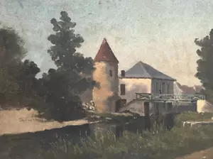 Antique Original Painting Landscape, River, House, Trees, Bridge - Picture 1 of 8