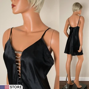 💖 Vintage Val Mode Babydoll Nachthemd schwarz glänzend Satin Dessous Strass M - Bild 1 von 9