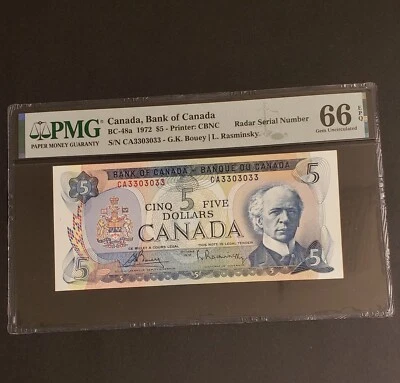 1972 Bank of Canada 2-DIGIT RADAR $5 Banknote. PMG Graded. GEM UNC-66. EPQ. - Image 1 of 2