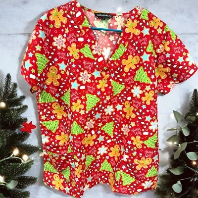 Christmas Holiday Treats Scrub Size L Top Cassandra O Gingerbread Candy Canes - Image 1 of 4