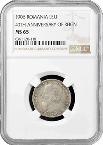 Romania 1 leu 1906, NGC MS65, "40th Anniversary - Reign of Carol I" silver coin - Picture 1 of 2