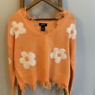 Just+Polly+Orange+Daisy+Knit+Sweater+Cropped+Raw+Distressed+Hem+Oversized+Size+S