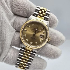 PAPERS Rolex DateJust 36mm NO-HOLES Champagne Diamond Dial TT 18K 16233 BOX - Picture 1 of 11