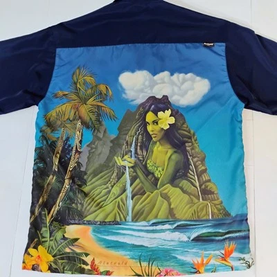Vintage Rietveld Shirt Volcano Island Ocean Tropical Hawaiian Beach Medium Blue - Image 1 of 4