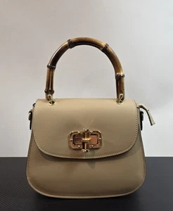Women's Leather Rigid Bag with Shoulder Strap & Real Bamboo Handle Made in Italy - Picture 1 of 11