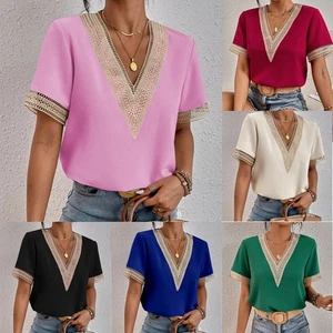 Womens Summer Short Sleeve Tee Casual Shirts Ladies Tops V Neck Blouse Plus Size - Picture 1 of 21