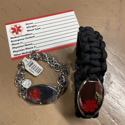 Pulsera de supervivencia de identificación médica Paracord con emblema de color billetera médica gratuita tarjeta Foto 1 de 2