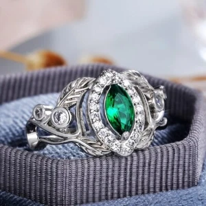 Modern Ring For Valentine Gift 1.65Ct Simulated Emerald Leafy Ring Silver Plated - Picture 1 of 7