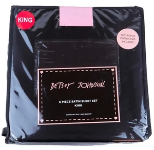 Betsey Johnson 6-Piece Satin King Sheet Set Black Luxuriously Soft Silky BNWT - Picture 1 of 2