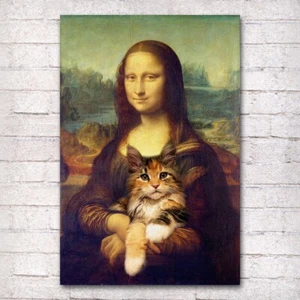 Mona Lisa with a Cat Wall Art Print Canvas Poster Illustration Painting Mural - Picture 1 of 6
