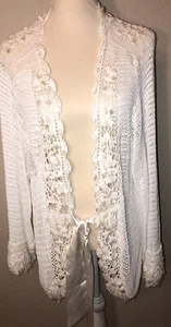 Michael Simon Large Open Cardigan Sweater Loose Knit/Crochet Ivory Accent Shells - Picture 1 of 11