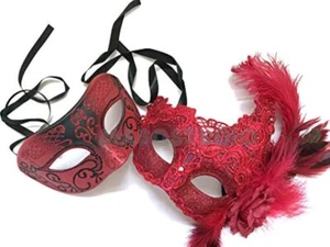 Red Lace Couple Masquerade Ball Mask Pair for Christmas New Year dress up Party - Picture 1 of 4
