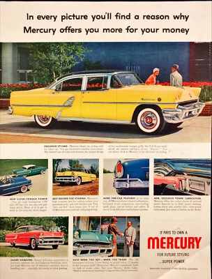 1955 Mercury Automobile Print Ad 2-Door Yellow Sedan Whitewall Tires - Image 1 of 4