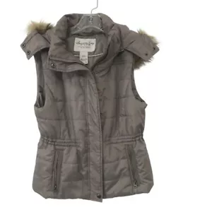 American Rag Vest Womens Large Puffer Faux Fur Removable Hood Gray/Brown - Picture 1 of 4