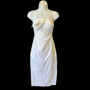 Vestido Majorelle XS Blanco Lino Rayón Elástico Hasta la Rodilla Halter Corte Abertura - Imagen 1 de 12
